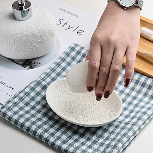 Bathroom Accessories Set with Embossed Design 4PCS, Ceramic White Bathroom Accessory Set, 1Pcs Bathroom Soap Dispenser 14oz, 2Pcs Tumbler Cup, 1Pcs Soap Dish, ANTIS'S HOME