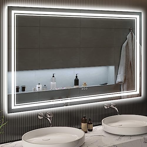 AWANDEE LED Bathroom Mirror with Lights 60x36, Lighted Vanity Mirror Wall Mounted with Front and Backlit, Large Anti-Fog LED Mirror for Bathroom with 3 Colors, Dimmable, Memory, Horizontal/Vertical