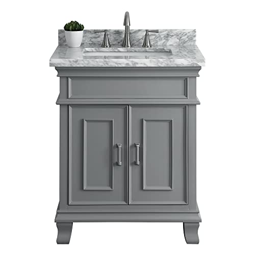 Mission Hills 28" Middleton Vanity | Bathroom Vanity with Sink, Carrara Marble Countertop & Solid Wood Frame | Fully Assembled Bathroom Vanities | Pre-drilled for Faucets with 8” Spacing | Gray