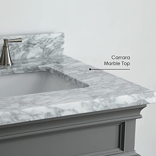 Mission Hills 28" Middleton Vanity | Bathroom Vanity with Sink, Carrara Marble Countertop & Solid Wood Frame | Fully Assembled Bathroom Vanities | Pre-drilled for Faucets with 8” Spacing | Gray