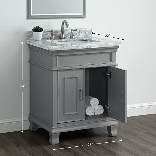 Mission Hills 28" Middleton Vanity | Bathroom Vanity with Sink, Carrara Marble Countertop & Solid Wood Frame | Fully Assembled Bathroom Vanities | Pre-drilled for Faucets with 8” Spacing | Gray