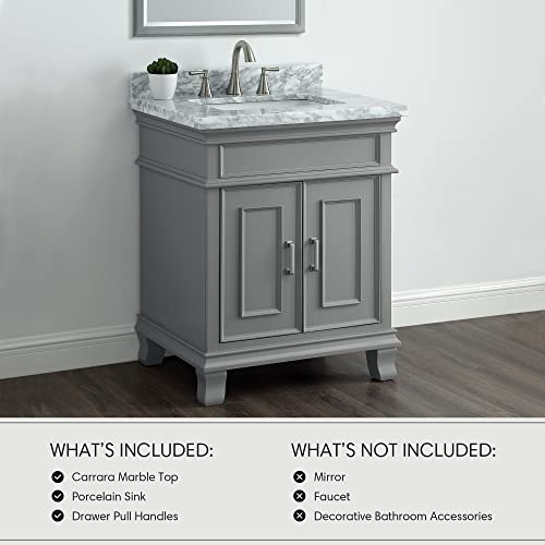 Mission Hills 28" Middleton Vanity | Bathroom Vanity with Sink, Carrara Marble Countertop & Solid Wood Frame | Fully Assembled Bathroom Vanities | Pre-drilled for Faucets with 8” Spacing | Gray