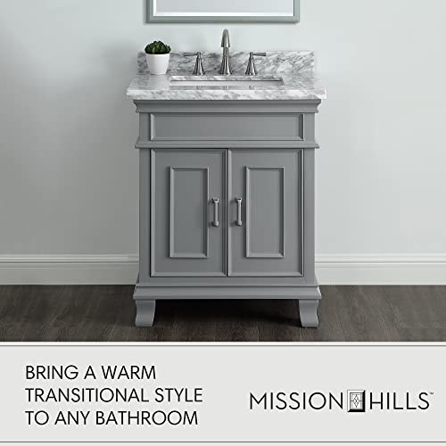 Mission Hills 28" Middleton Vanity | Bathroom Vanity with Sink, Carrara Marble Countertop & Solid Wood Frame | Fully Assembled Bathroom Vanities | Pre-drilled for Faucets with 8” Spacing | Gray