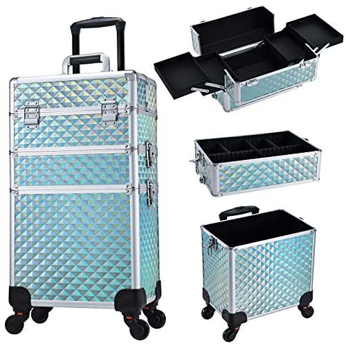 FRENESSA Rolling Makeup Case Cosmetology Case on Wheels 3 in 1 Cosmetic Trolley Large Storage Organizer Salon Barber Case Traveling Cart Trunk for Esthetician Nail Tech Mobile Stylists, Blue