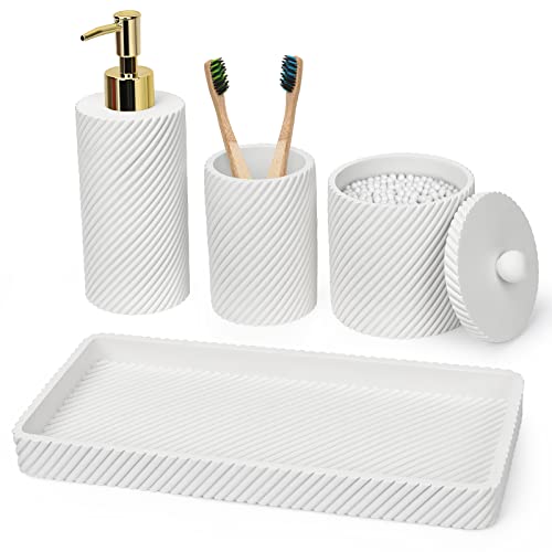 Bathroom Accessories Set 4Pcs-Lotion Soap Dispenser,Toothbrush Holder,Qtip Holder Dispenser,Vanity Tray for Decor Bathroom Countertop,Vanity Organizer-Pearl White