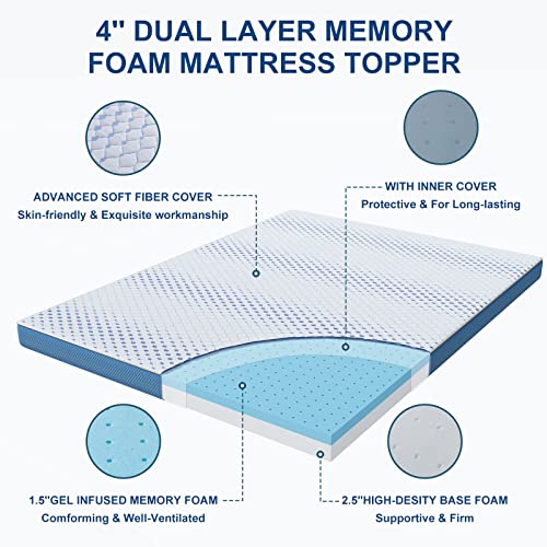 Maxzzz Queen Size 4 Inch Firm Memory Foam Mattress Topper, Gel Infused Bed Topper with High Density Extra Firm Foam-Relieve Back Pain, Foam Mattress Pad with Removable Cover