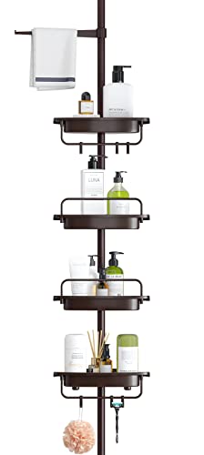 ALLZONE Shower Caddy Corner Organizer for Bathroom,Bathtub Shampoo Storage Holder Rack with Rustproof Stainless Tension Pole,4-Tier Adjustable Shelves,Stand on Floor,56-114 Inches Height,Brown