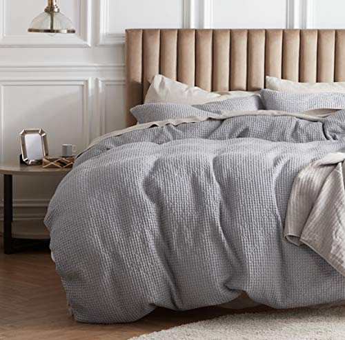 Bedsure Cotton Duvet Cover Queen - 100% Cotton Waffle Weave Grey Duvet Cover Queen Size, Soft and Breathable Queen Duvet Cover Set for All Season (Queen, 90"x90")