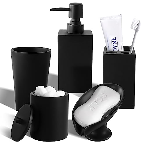 Matte Black Bathroom Accessories Set, 5Pcs Resin Bathroom Sets with Soap Dispenser Brush Holder Soap Dish and 2 Tumblers for Bathroom Restroom Apartment Home Decor
