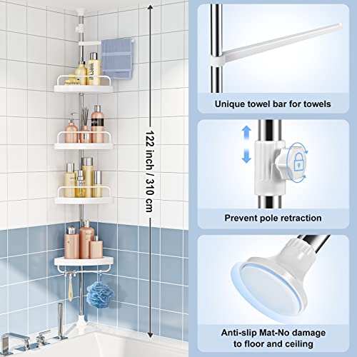 Corner Shower Caddy Tension Pole: Rust Proof 4Tier Shampoo Storage Organizer for Inside Shower - Telescoping Rod Shower Rack for Bathroom and Bathtub - Restroom Floor Standing Bath Rack Holder3