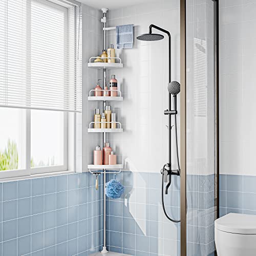 Corner Shower Caddy Tension Pole: Rust Proof 4Tier Shampoo Storage Organizer for Inside Shower - Telescoping Rod Shower Rack for Bathroom and Bathtub - Restroom Floor Standing Bath Rack Holder3