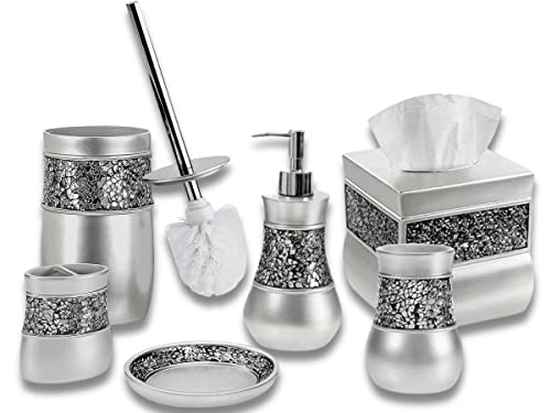 Silver Bathroom Accessories Set - Bling 6 Piece Bathroom Accessory Set with Elegant Mosaic Glass Includes: Toilet Brush & Holder, Tissue Cover, Toothbrush Holder, Soap Dispenser, Tumbler & Soap Dish
