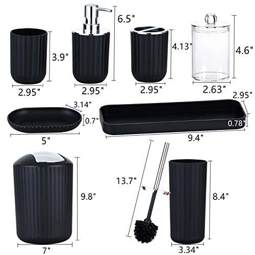 YCOCO Black Bathroom Accessories Set,8 Pcs Plastic Gift Set with Toothbrush Holder,Mouthwash Cup,Soap Dish, Soap Dispenser, Toilet Brush,Trash Can,Cotton Swab jar,Tray