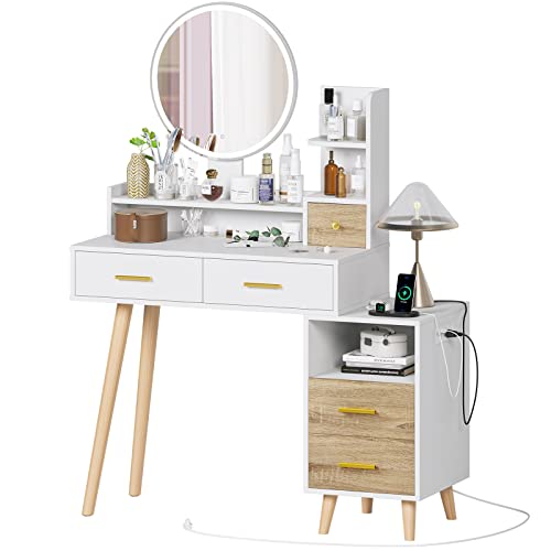 BTHFST Vanity Desk with Mirror and Lights, Makeup Vanity with Lights and Charging Station of 2 USB Ports and Outlets, Vanity Table with Drawers and Shelves, Makeup Desk with Nightstand