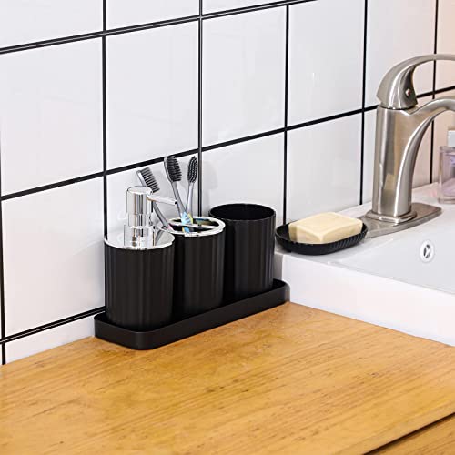 YCOCO Black Bathroom Accessories Set,8 Pcs Plastic Gift Set with Toothbrush Holder,Mouthwash Cup,Soap Dish, Soap Dispenser, Toilet Brush,Trash Can,Cotton Swab jar,Tray