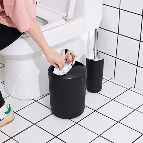 YCOCO Black Bathroom Accessories Set,8 Pcs Plastic Gift Set with Toothbrush Holder,Mouthwash Cup,Soap Dish, Soap Dispenser, Toilet Brush,Trash Can,Cotton Swab jar,Tray