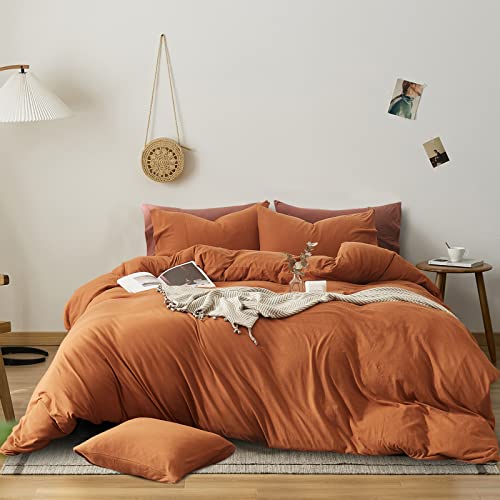 VClife Boho Pumpkin Duvet Cover King Jersey Knit Cotton Comforter Quilt Protector Cover Set, 3 Pieces King Size Simple Caramel Rust Burnt Orange Bedding Set, 1 King Caramel Duvet Cover 2 Pillow Covers