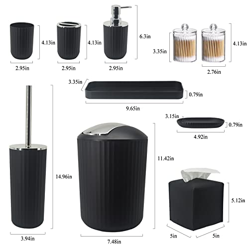 Bathroom Accessory Set - 10 Piece Black Bathroom Accessories Set with Trash Can, Toothbrush Holder and Cup, Soap Dispenser, Soap Dish, Toilet Brush Holder, Vanity Tray, Qtip Holder, Tissue Box Cover