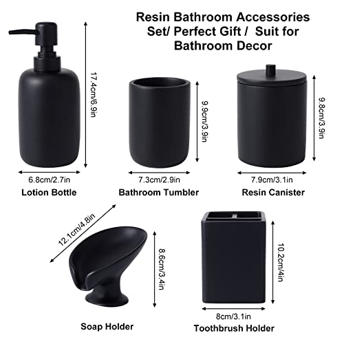 Resin Matte Black Bathroom Accessory Set of 5, Lotion Soap Dispenser, Bathroom Organizer Accessories, Toothbrush Holder, Self Draining Soap Hoder and Bathroom Tumbler for Modern Home Decor