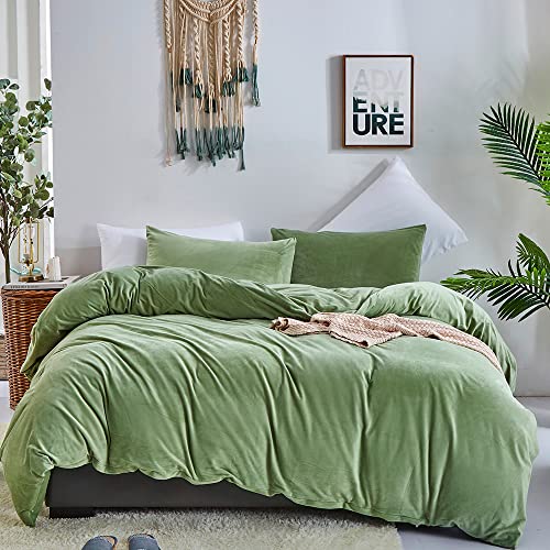 CLOTHKNOW Sage Green Duvet Cover Set King Green Velvet Bedding Sets Women Girls Bedding Green Flannel Bedding King Set Grass Green Bedding Collection 3Pcs Light Green Comforter Cover Sets