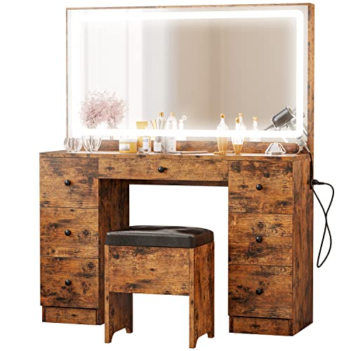 IRONCK Vanity Desk Set with Large LED Lighted Mirror & Power Outlet, 7 Drawers Vanities Dressing Makeup Table with Storage Bench, for Bedroom, Industrial Style Vintage Brown