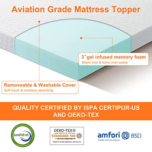 3 Inch King Size Gel Memory Foam Mattress Topper, Cooling Mattress Pad Cover for Back Pain, Bed Topper with Removable Bamboo Cover，Soft & Breathable