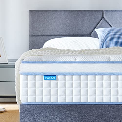 IYEE NATURE Queen Mattresses, 14 Inch Queen Size Hybrid Mattress Individual Pocket Springs with Foam,Queen Bed in a Box with Breathable and Pressure Relief,Medium Soft,Bule