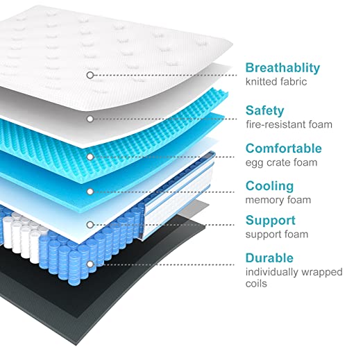 IYEE NATURE Queen Mattresses, 14 Inch Queen Size Hybrid Mattress Individual Pocket Springs with Foam,Queen Bed in a Box with Breathable and Pressure Relief,Medium Soft,Bule