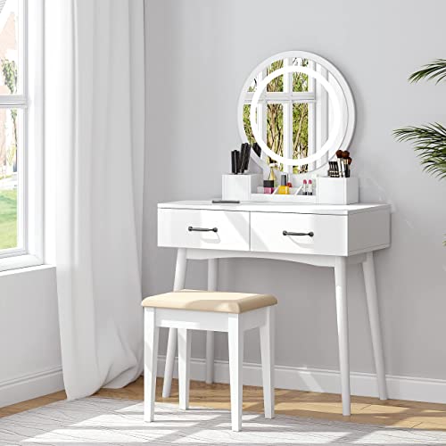 UTEX Vanity Set with Mirror,Makeup Vanity Set with 3-Color Dimmable LED Lighted,Makeup Dressing Table with 2 Drawers,White