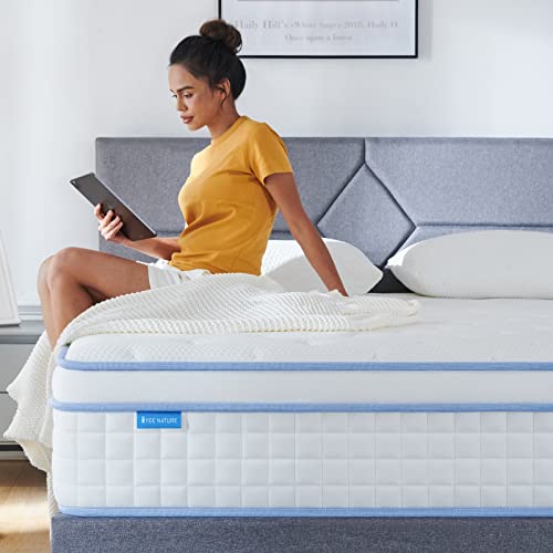 IYEE NATURE Queen Mattresses, 14 Inch Queen Size Hybrid Mattress Individual Pocket Springs with Foam,Queen Bed in a Box with Breathable and Pressure Relief,Medium Soft,Bule