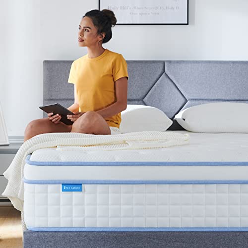 IYEE NATURE Queen Mattresses, 14 Inch Queen Size Hybrid Mattress Individual Pocket Springs with Foam,Queen Bed in a Box with Breathable and Pressure Relief,Medium Soft,Bule