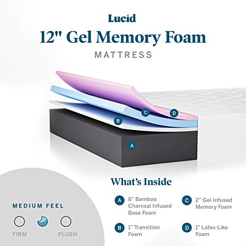 Lucid 12 Inch Queen Mattress – Medium Memory Foam Mattress – Bamboo Charcoal Foam – Gel Infused – Hypoallergenic – Bed-in-A-Box- CertiPUR-US Certified,White