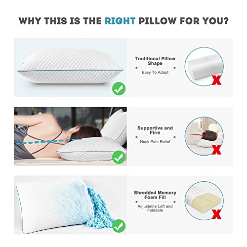 VVZ Shredded Memory Foam Pillows, Bed Pillows for Sleeping 2 Pack King Size 20 x 36 Inches, Luxury Hotel Cooling Gel Foam Pillows Set of 2, Adjustable Loft Pillow for Side and Back Sleepers
