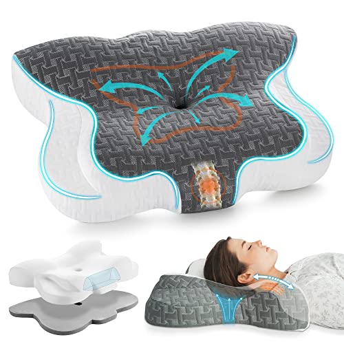 Elviros Cervical Memory Foam Neck Pillow for Pain Relief, Adjustable Orthopedic Contour Support Pillows for Sleeping, Ergonomic Bed Pillow for Side, Back, Stomach Sleepers, Queen Size (Dark Grey)