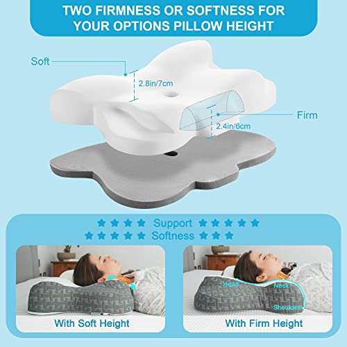 Elviros Cervical Memory Foam Neck Pillow for Pain Relief, Adjustable Orthopedic Contour Support Pillows for Sleeping, Ergonomic Bed Pillow for Side, Back, Stomach Sleepers, Queen Size (Dark Grey)