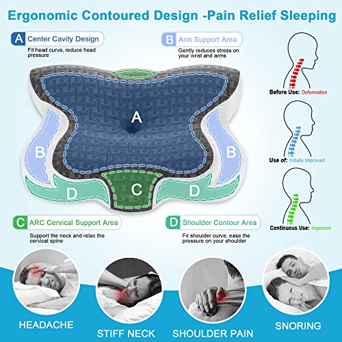 Elviros Cervical Memory Foam Neck Pillow for Pain Relief, Adjustable Orthopedic Contour Support Pillows for Sleeping, Ergonomic Bed Pillow for Side, Back, Stomach Sleepers, Queen Size (Dark Grey)