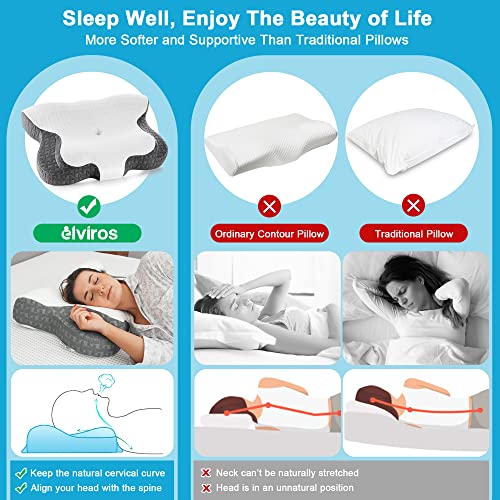 Elviros Cervical Memory Foam Neck Pillow for Pain Relief, Adjustable Orthopedic Contour Support Pillows for Sleeping, Ergonomic Bed Pillow for Side, Back, Stomach Sleepers, Queen Size (Dark Grey)