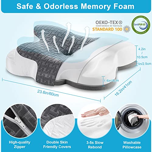 Elviros Cervical Memory Foam Neck Pillow for Pain Relief, Adjustable Orthopedic Contour Support Pillows for Sleeping, Ergonomic Bed Pillow for Side, Back, Stomach Sleepers, Queen Size (Dark Grey)