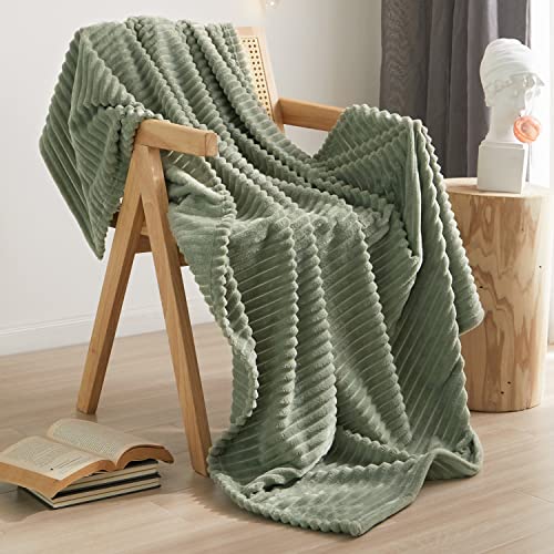 Geniospin Throw Blanket for Couch, Bed, Sofa – 280GSM Super Soft Lightweight Blanket with Strip, 3D Ribbed Jacquard , Plush Fuzzy Cozy Throws, Warm and Breathable (Sage Green, 50x60 inches)