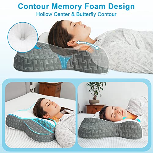 Elviros Cervical Memory Foam Neck Pillow for Pain Relief, Adjustable Orthopedic Contour Support Pillows for Sleeping, Ergonomic Bed Pillow for Side, Back, Stomach Sleepers, Queen Size (Dark Grey)