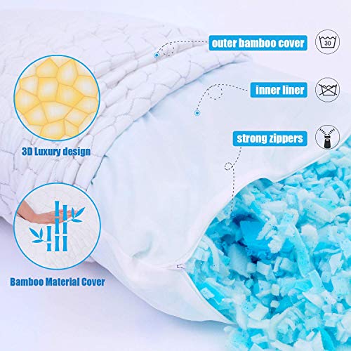 Cooling Bed Pillows for Sleeping 2 Pack Shredded Memory Foam Pillows Adjustable Cool BAMBOO Pillow for Side Back Stomach Sleepers -Luxury Gel Pillows Queen Size Set of 2 with Washable Removable Cover