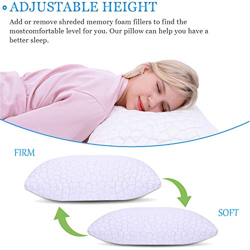 Cooling Bed Pillows for Sleeping 2 Pack Shredded Memory Foam Pillows Adjustable Cool BAMBOO Pillow for Side Back Stomach Sleepers -Luxury Gel Pillows Queen Size Set of 2 with Washable Removable Cover