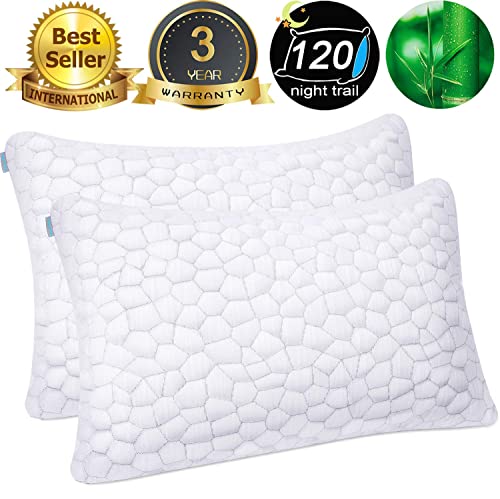 Cooling Bed Pillows for Sleeping 2 Pack Shredded Memory Foam Pillows Adjustable Cool BAMBOO Pillow for Side Back Stomach Sleepers -Luxury Gel Pillows Queen Size Set of 2 with Washable Removable Cover