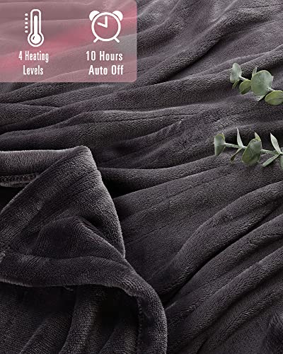 SUNNY HEAT Electric Blanket Heated Throw, 72"x84" Reversible Flannel for Full Body, with 10 Hours Auto-Off & 4 Heating Levels and ETL Certification, Home Office Use & Machine Washable, Dark Grey