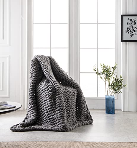 Chunky Knit Blanket (60x80 inches) - Soft Knitted Yarn Blanket Large Gray - Handmade Throw Blanket Grey - Crochet Throw Blanket for Sofa, Bed, Couch (Slate Grey, 60x80 in)