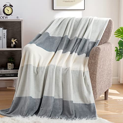 Homelike Moment Fleece Throw Blanket for Couch Grey 50x60, Soft Cozy Grey White Striped Flannel Blankets for Sofa Bed Warm Lightweight (Bluish Gray, 50x60 Inches)