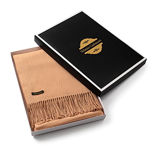 Velanio Cashmere Throw Blanket with Fringe | 60 x 54 Inch Super Soft Warm Blankets & Throws for Home, Travel | Makes A High End, Thoughtful Gift Idea | (Camel)