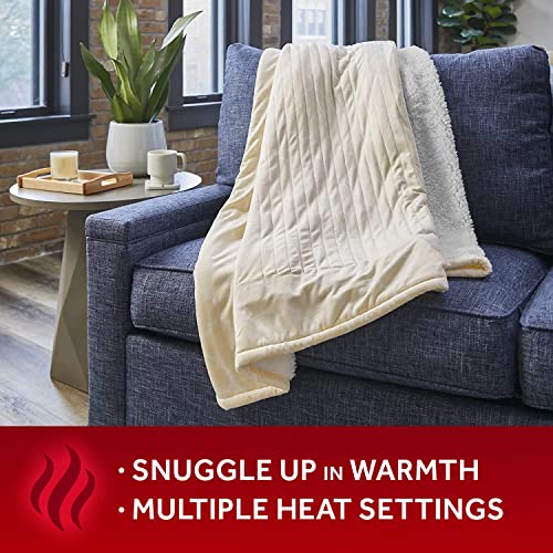 Sunbeam Royal Mink Sherpa Champagne Lattice Heated Personal Throw / Blanket, Cozy-Warm, Adjustable Heat Settings
