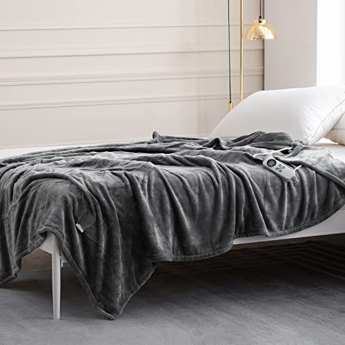 HOMLYNS Electric Blanket Twin Size with 1-12 hrs Timer Auto-Off & 10 Heating Levels, Double-Layer Flannel Heated Blanket with ETL Certification, Machine Washable Heating Blanket (62”x 84”, Grey)