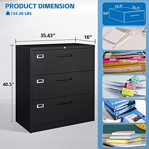 BYNSOE Lateral File Cabinet with Lock,Metal Storage File Cabinet 3 Drawer,Steel Lateral File Cabinet for Legal/Letter A4 Size,Wide File Cabinet for Office Home,Assembly Required